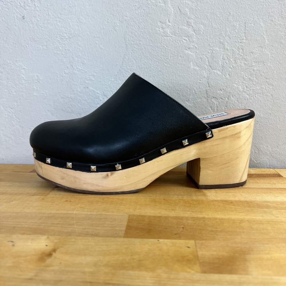 Steve Madden Clogs Brooklyn Women Size 9.5 Black Leather Studded Platform Mules